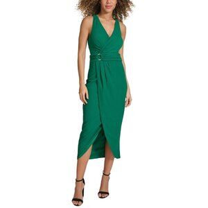 128$ Siena Women's Faux-Wrap O-Ring Party Bodycon Midi Dress Size 2 Green